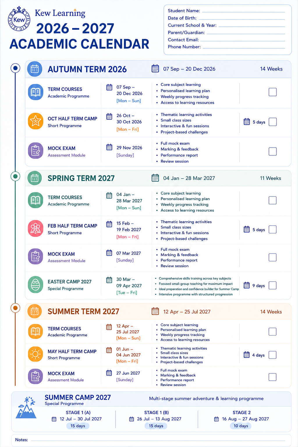 Kew Learning 2026 to 2027 academic calendar with term courses, half term camps, mock exams and summer camp stages